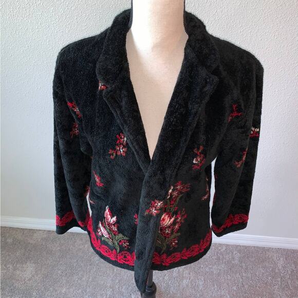 Straight Down Clothing Inc Mandarin Collar Black Fluffy Floral Jacket - Medium - Picture 3 of 10